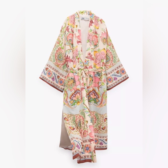 Zara Floral Printed Multicolor Long Belted Pink Pastel Kimono - Picture 2 of 12